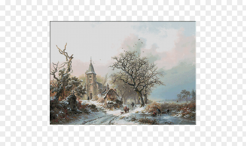 Painting Landscape Winter With Skaters Watercolor Oil PNG