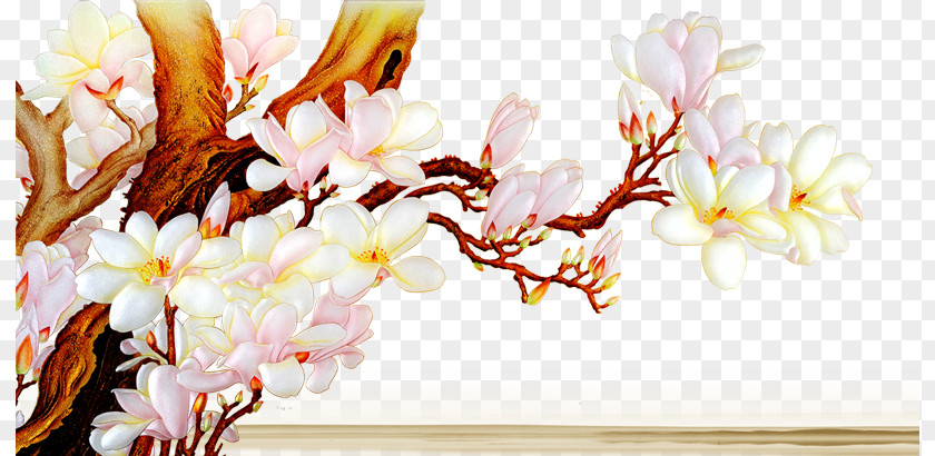 Vector Peach Wall Chinoiserie Mural Magnolia Denudata Painting PNG