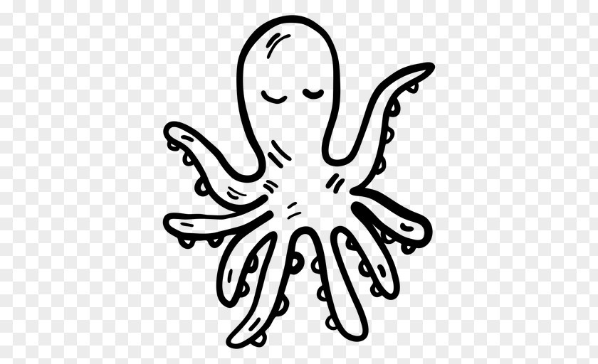 Marine Invertebrates Line Art White Octopus Head Cartoon PNG