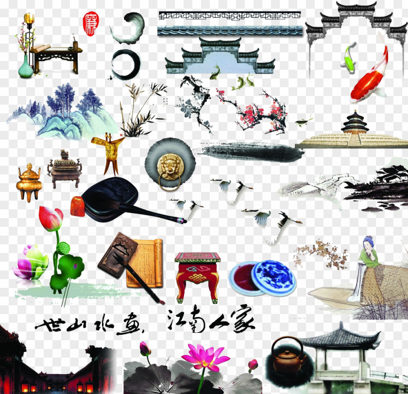 Jiangnan Style Elements And Ink Lotus Graphic Design Clip Art PNG