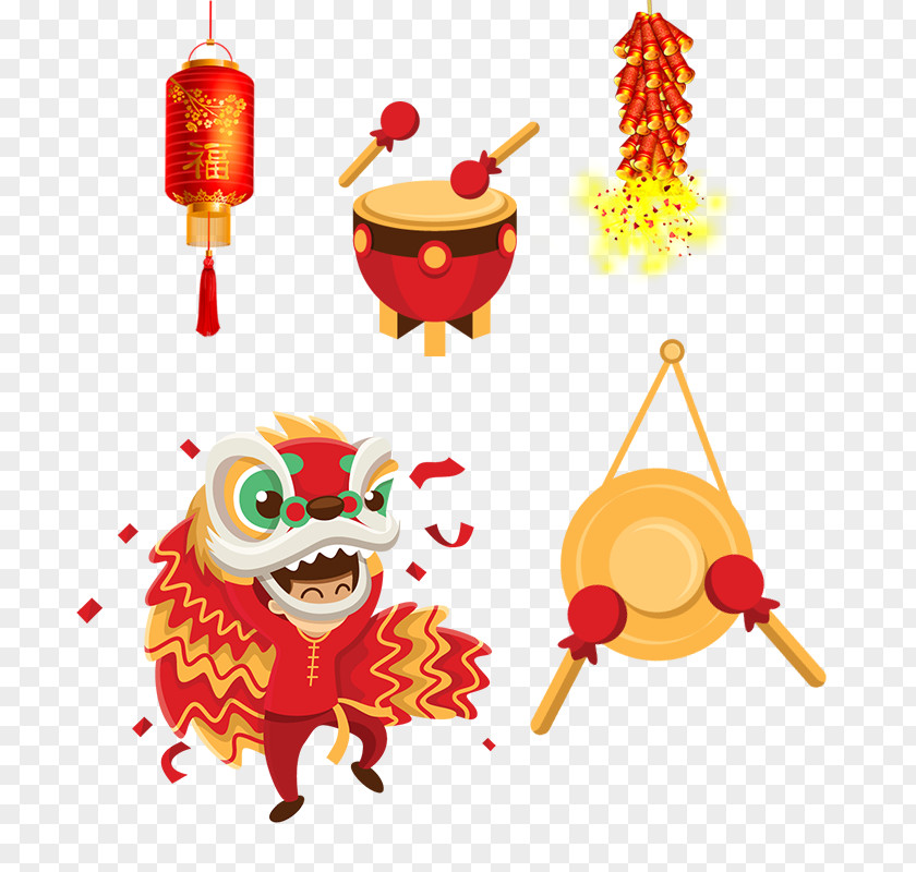 Lantern Percussion Drums And Firecrackers Lion Dance Chinese New Year Clip Art PNG