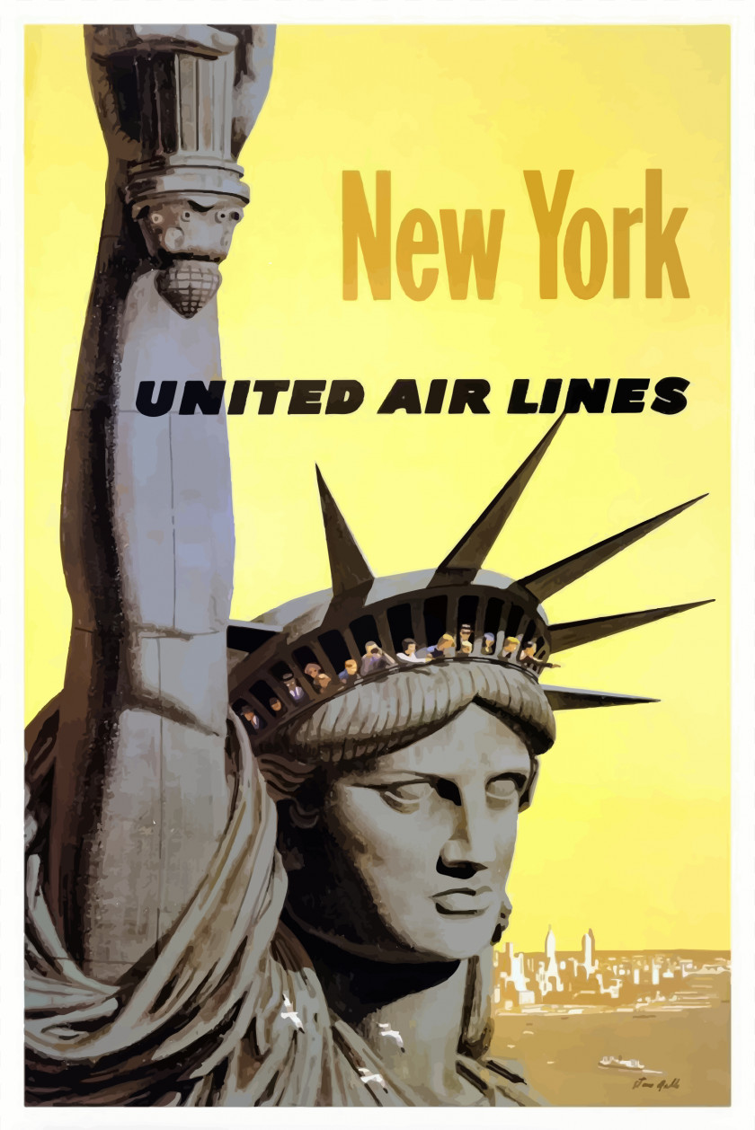 Vintage Travel Cliparts Statue Of Liberty Air Airplane United Airlines Poster PNG