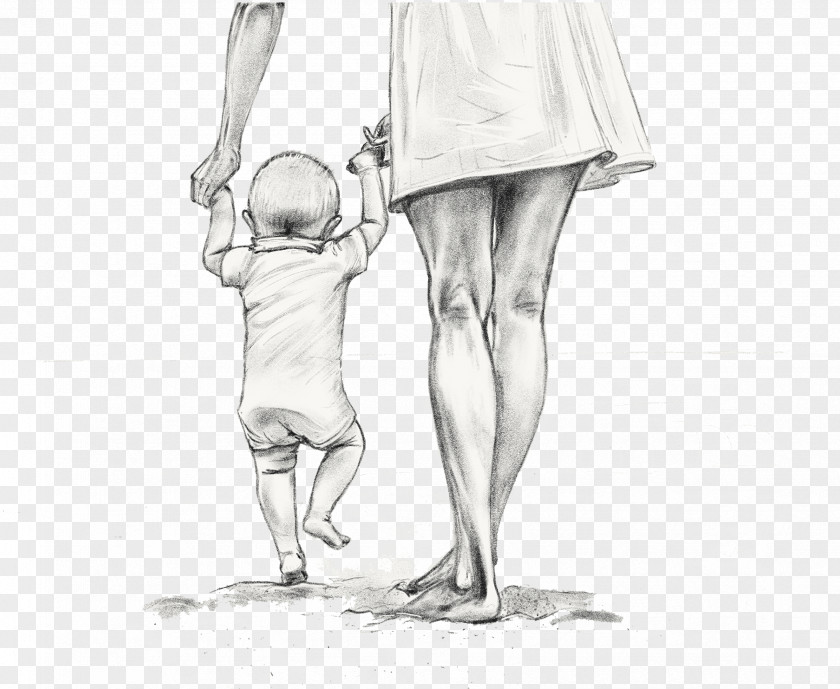 Mother Holding A Child Walking Hand-drawn Sketch Drawing PNG
