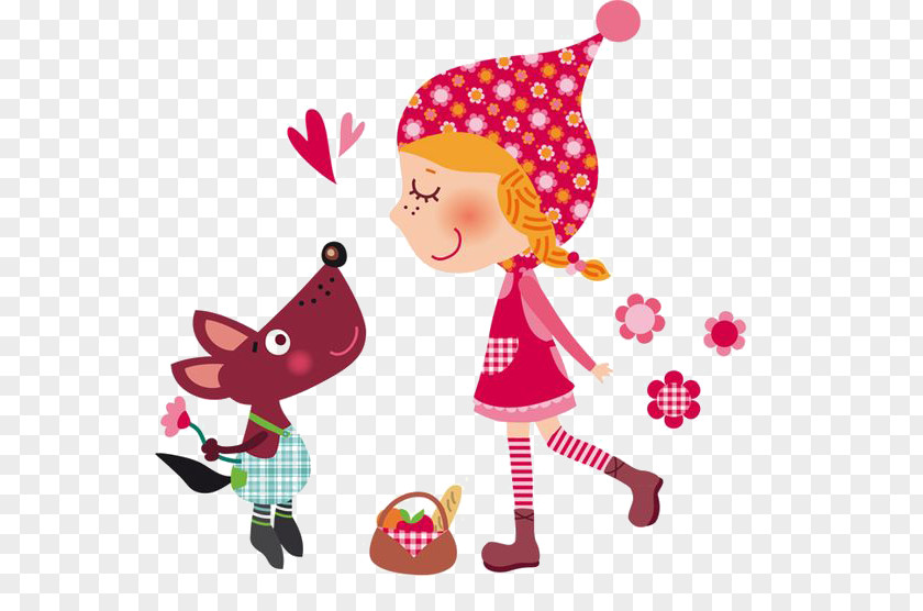 Little Red Riding Hood Gray Wolf Phonograph Record Happiness Illustration PNG wolf record Illustration, Cartoon girl and puppy clipart PNG