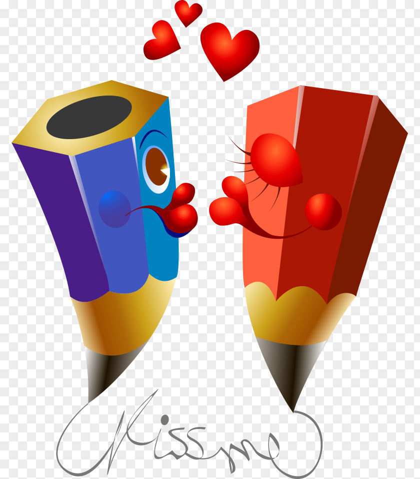 Vector Cute Cartoon Pencil Couple Kissing Kiss PNG