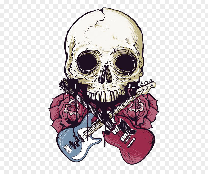 T-shirt Calavera Skull Rock Music PNG music, Cartoon skull, white skull with two blue and red guitars clipart PNG