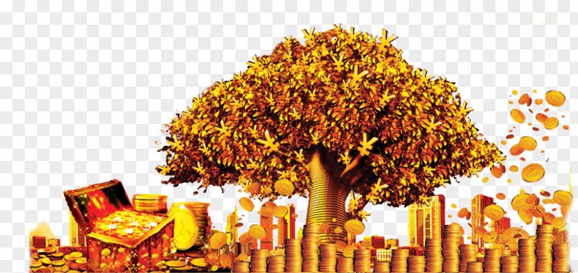 Gold Treasure Tree Banner Creative Finance Coin PNG