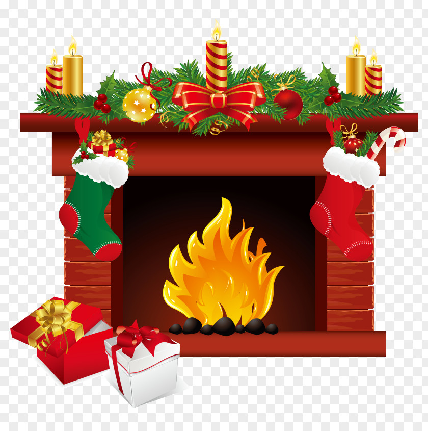 Vector Christmas Decorative Painting Santa Claus Fireplace Chimney Clip Art PNG