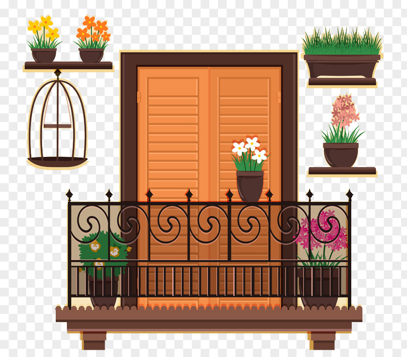 Beautiful Balcony And Potted Plants Vector Poster Cartoon PNG