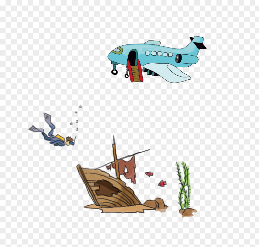 Hand-painted Aircraft Sand Beach Swimming Airplane Illustration PNG