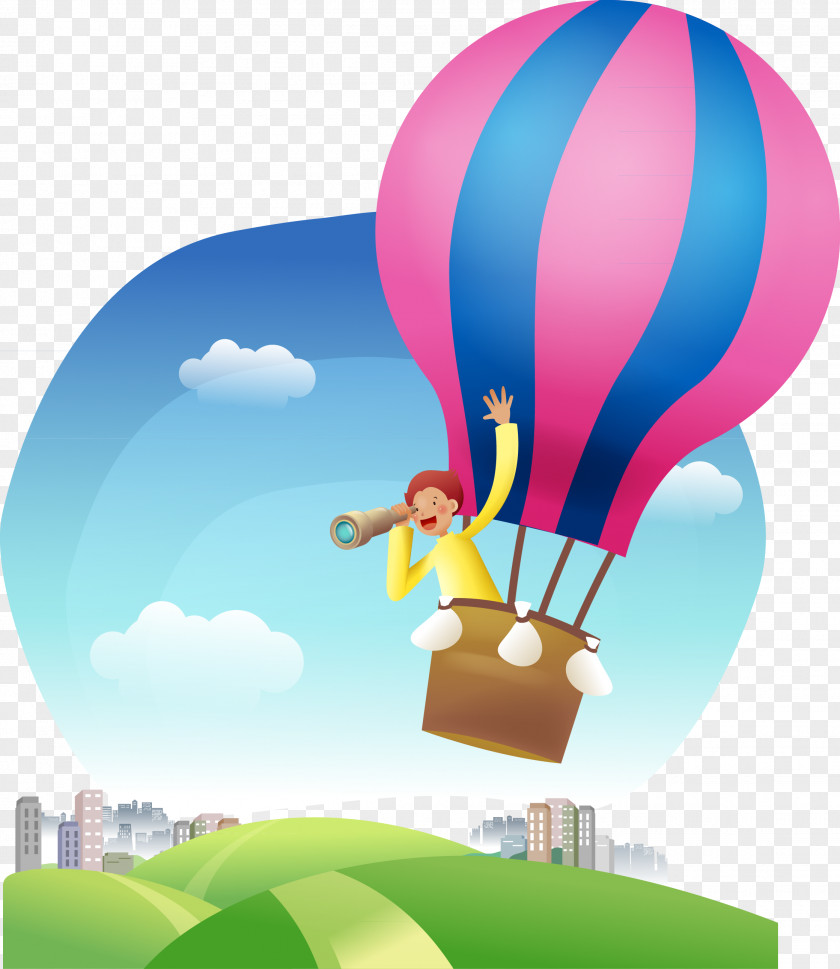 Man Sitting On A Hot Air Balloon Cartoon Illustration PNG