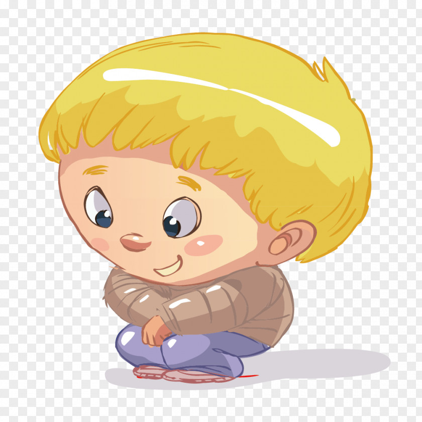 Yellow Haired Boy Squatting Drawing Cartoon Illustration PNG