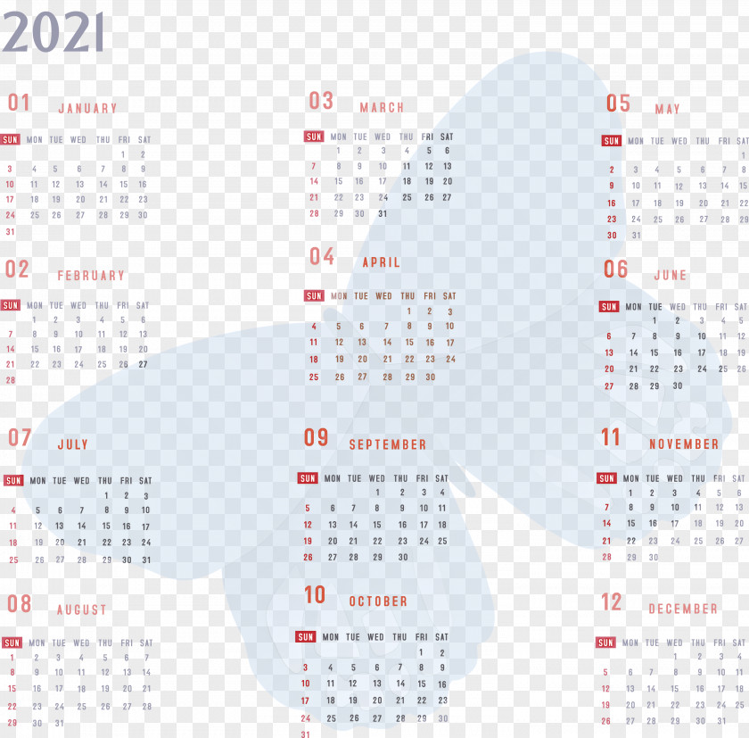 Year 2021 Calendar Printable Yearly Full PNG