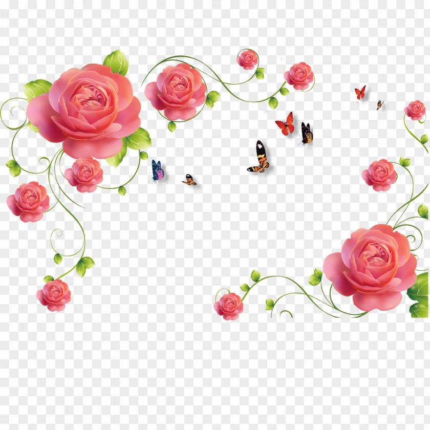 Pink Flower Pattern Garden Roses Paper Wall PNG