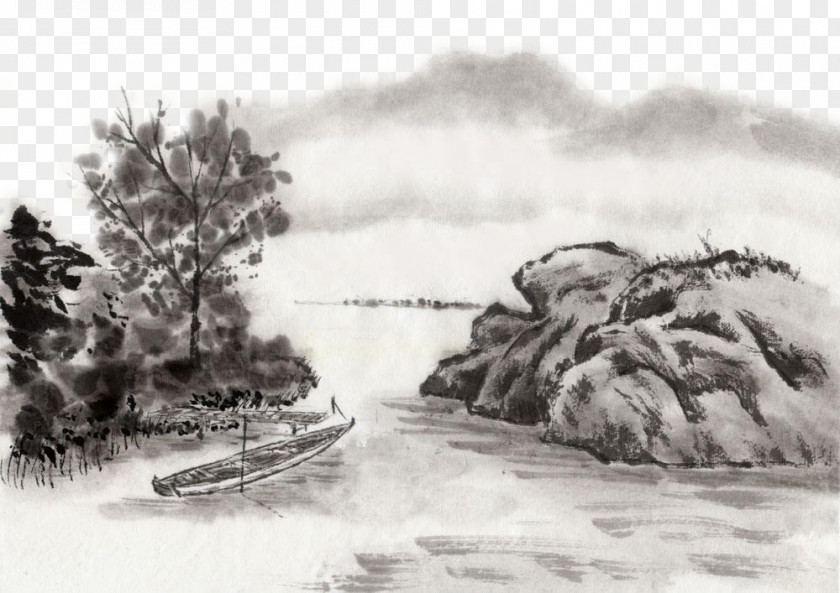 Danqing Ink Lake Wash Painting Landscape Chinese India PNG