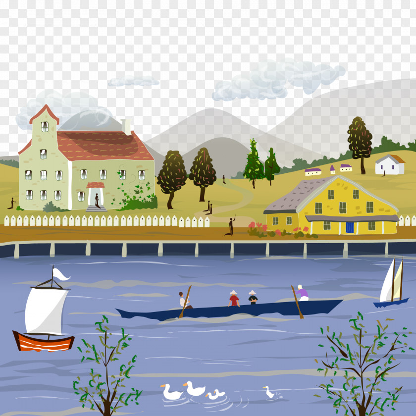 Cartoon Country Small River Boating Illustration PNG