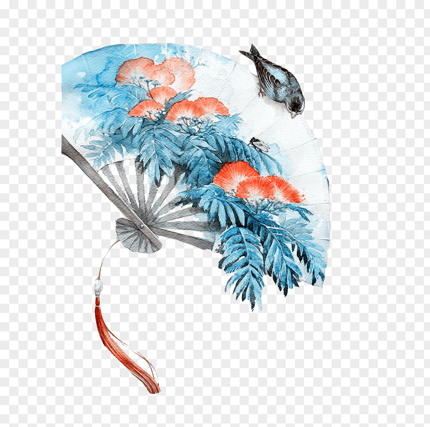 Blue Ancient Wind Bird Fan Material Free To Pull Paper Hand PNG