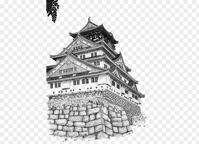 China Wind Building Osaka Castle Drawing Perspective Sketch PNG