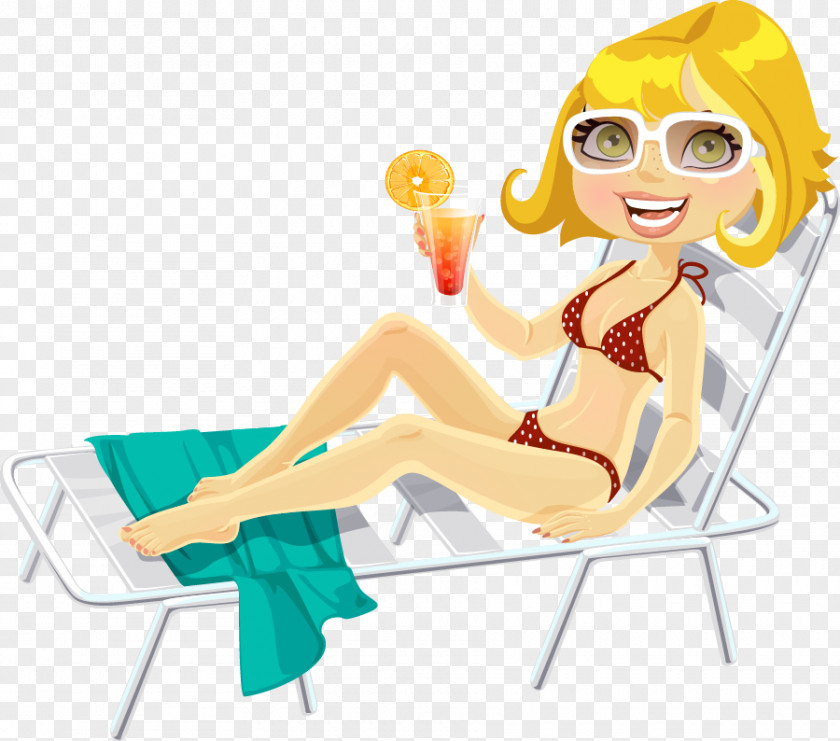 Beach Sunlounger PNG , Summer beach girl, yellow haired girl in red bikini illustration clipart PNG