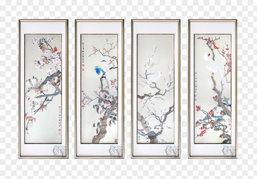 Chinese Aluminum Frame Seasons Birds Branch Decorative Painting Station Lidong Chinoiserie Picture PNG