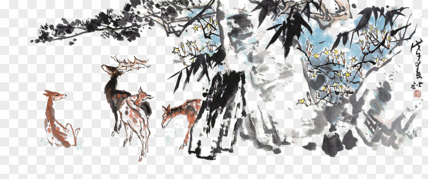 Chinese Painting Tree Under The Deer Ink Wash Illustration PNG