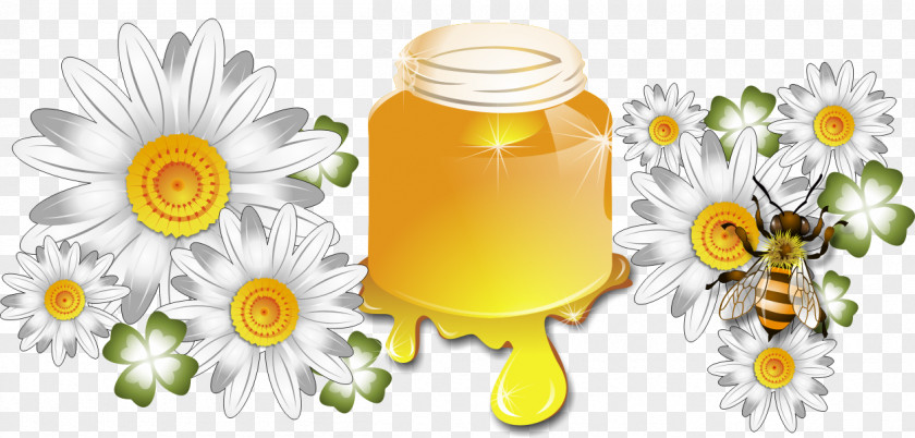 Honey Glass Bottle Floral Design Cut Flowers PNG