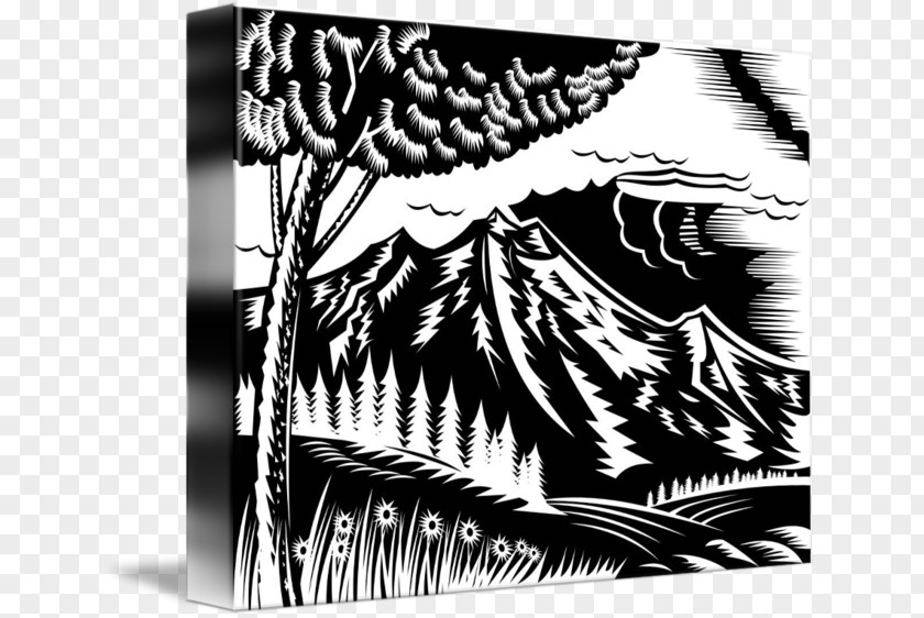 Foreground Tree Black And White Woodcut PNG