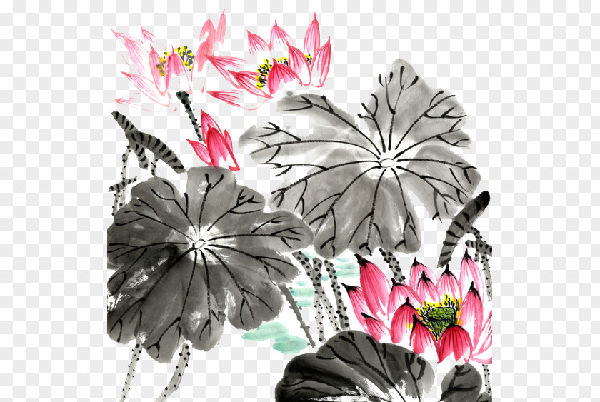 Ink Lotus Floral Design Wash Painting Chinese PNG