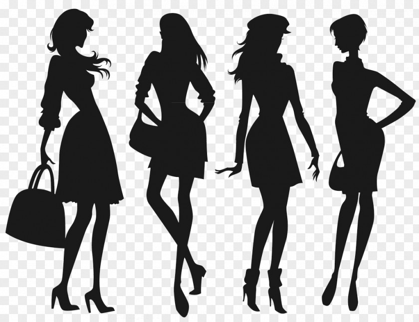 Silhouette Fashion Girl Child PNG Child, Shopping Girl, four women in dresses holding bags clipart PNG