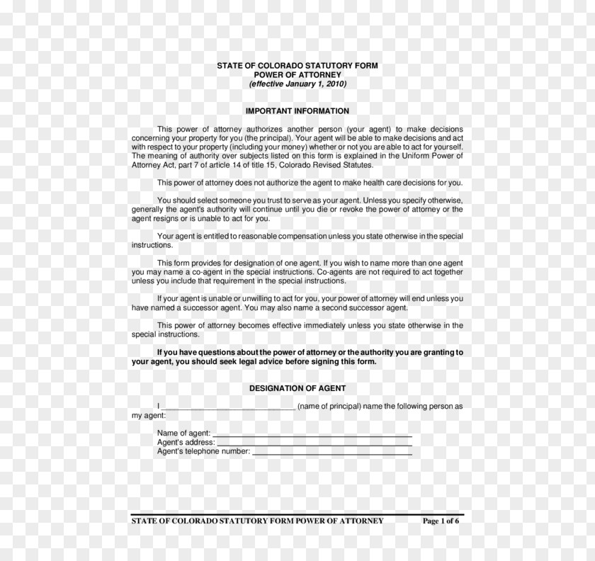 Attorney Colorado Form Power Of Template Document PNG