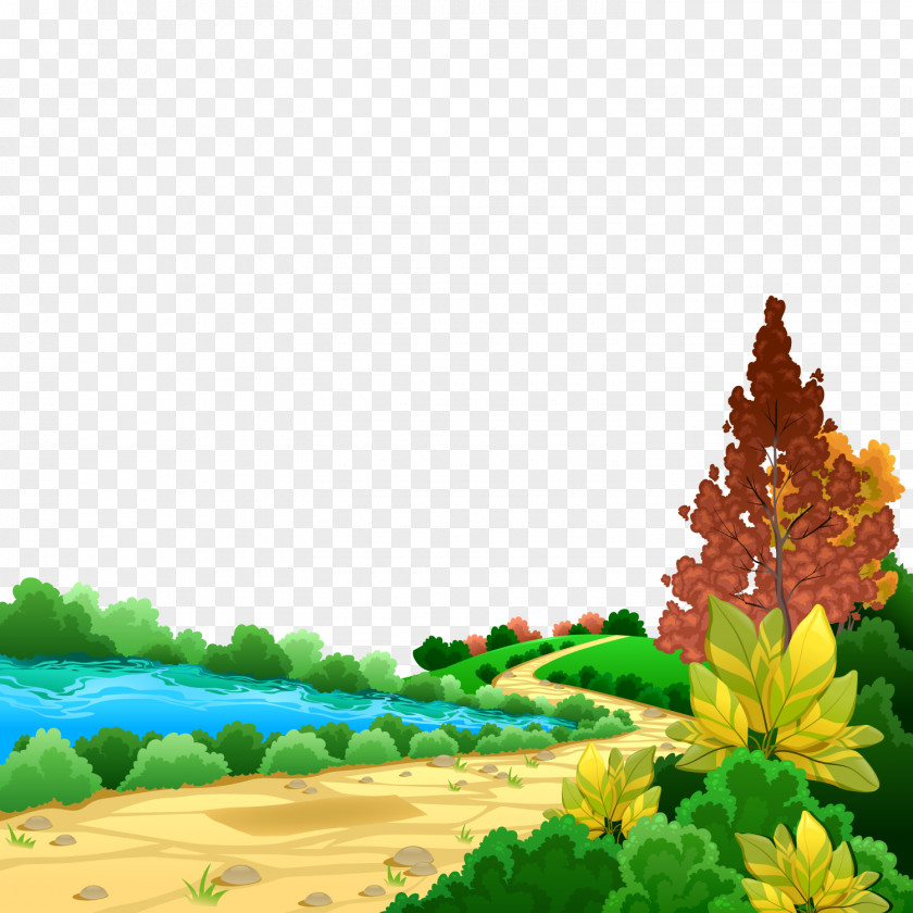 Vector Country Road Drawing Cartoon Theatrical Scenery Illustration PNG