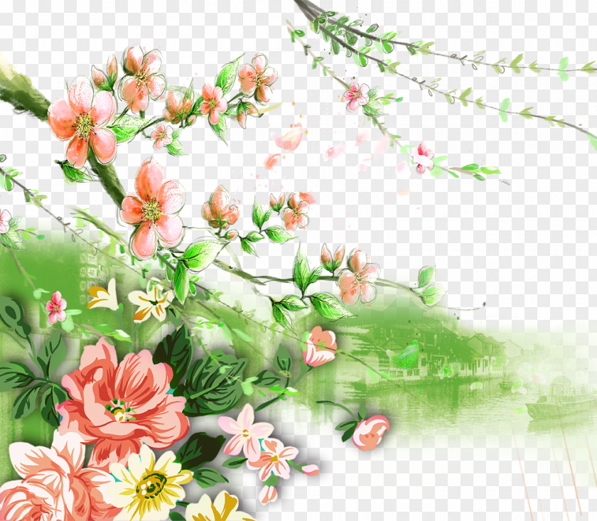 Peach Green Water Decoration Floral Design PNG