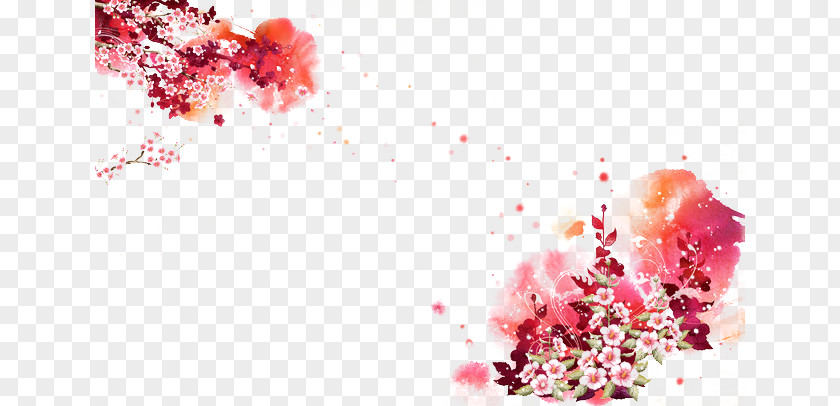 Diagonal Color Flower Ink Wash Painting Shan Shui Wallpaper PNG