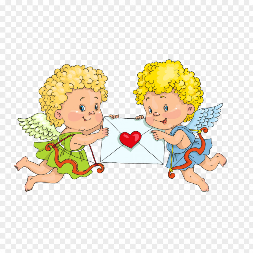 Two Angels Holding A Love Letter,Cupid Cupid Heart Illustration PNG
