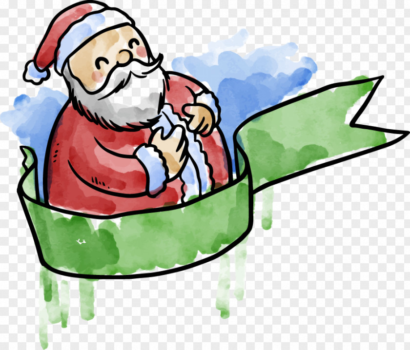 Watercolor Painted Santa Claus Ribbon Clip Art PNG