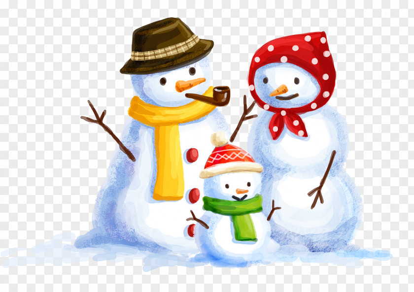 Snowman Family Of Three Christmas Illustration PNG