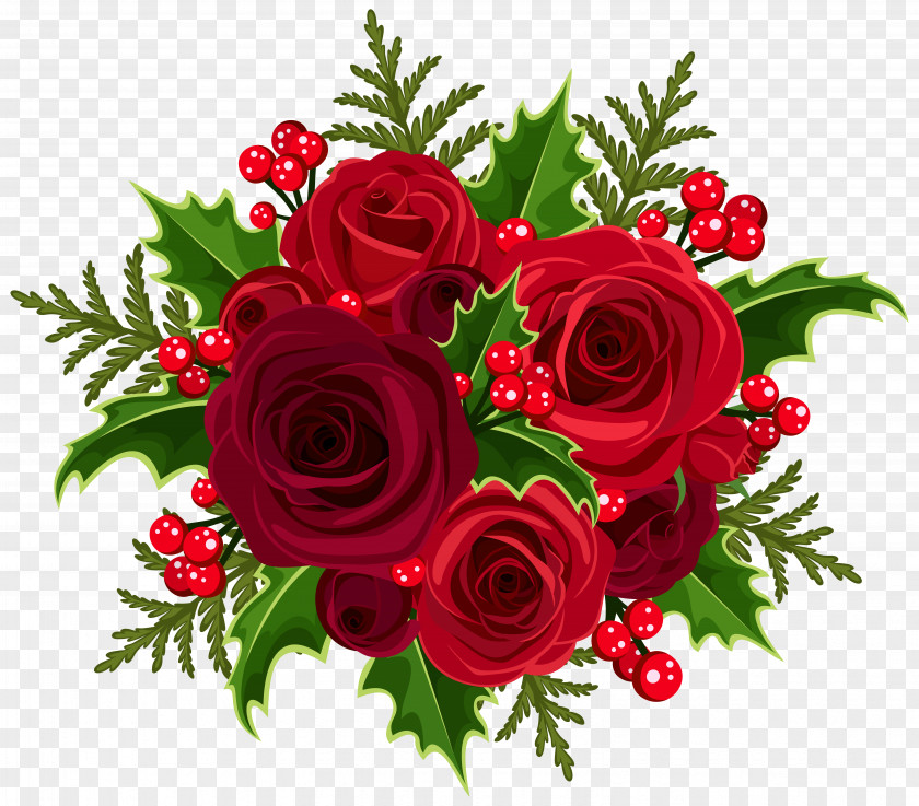 Red Rose Decorative Christmas Flower Bouquet Clip Art PNG