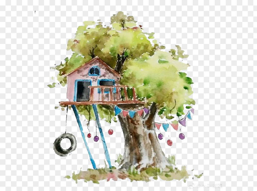 Watercolor Tree House Paint Illustration PNG