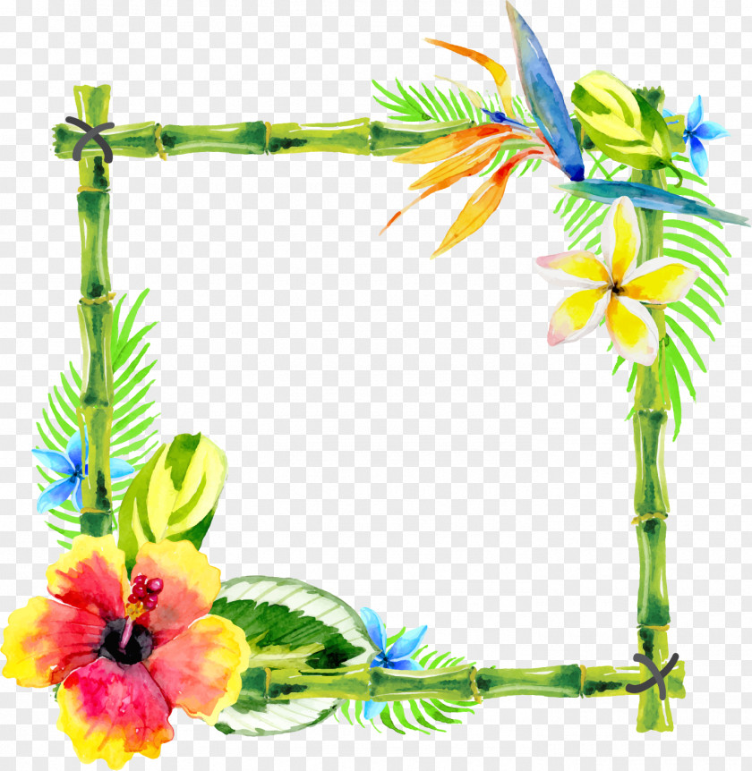 Bamboo Rattan Border Floral Design Watercolor Painting PNG