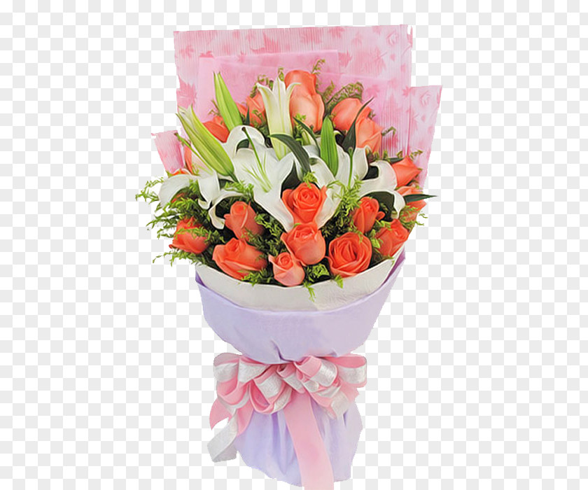 White Lily Pink Roses Classic Flower Bouquet PNG