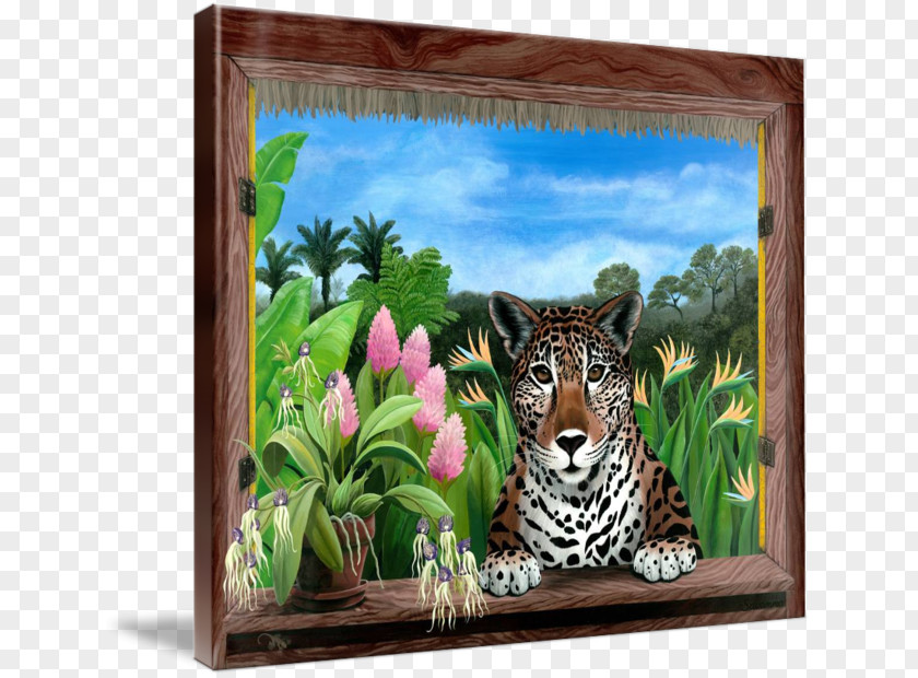 Tropical Flowers Watercolor Tiger Jaguar Flora Fauna Painting PNG