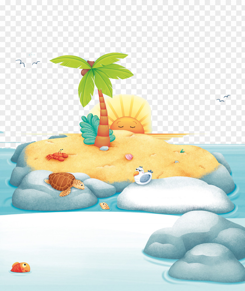 Cartoon Island Sunrise Poster Illustration PNG