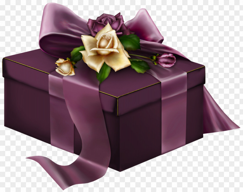 Purple 3D Present With Roses Clipart Christmas Gift Clip Art PNG