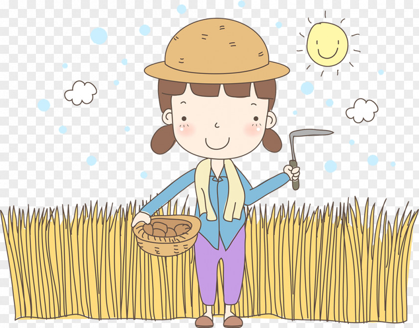 Cartoon Figure Illustration Of Rural Women Who Cut Wheat Drawing PNG