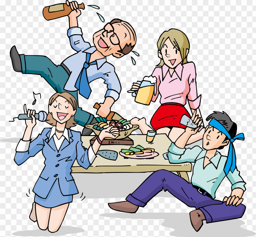 Cartoon Dinner Of Men And Women Eating Alcoholic Drink Adobe Illustrator PNG
