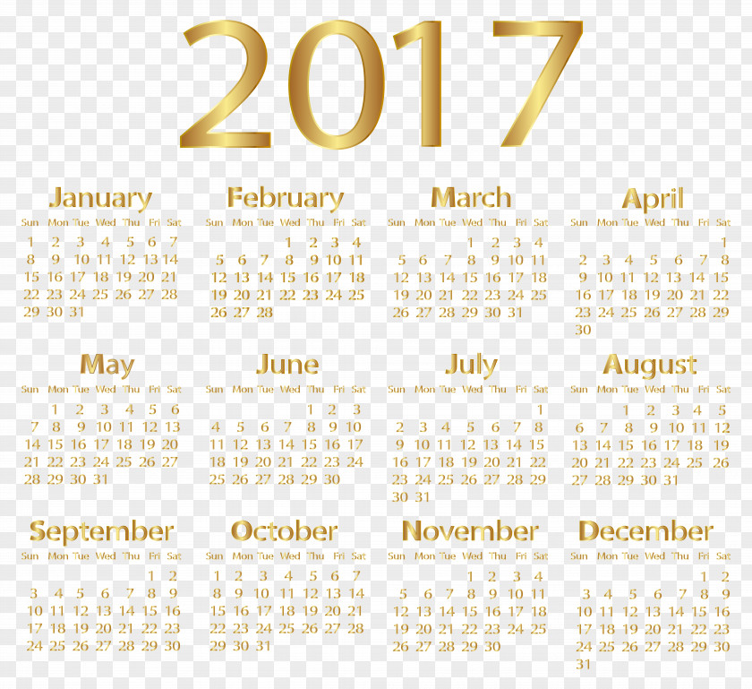 2017 Gold Calendar Transparent Clip Art Image PNG