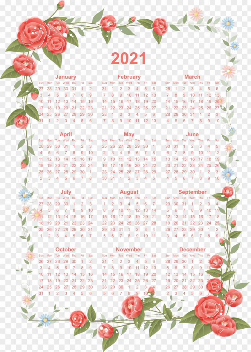 2021 Drawing Calendar Flowers. PNG