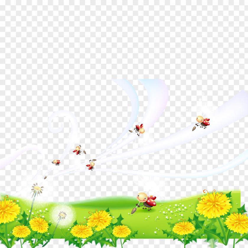 Cute Little Ladybug And Flower Vector Material Motif Painting Cartoon PNG
