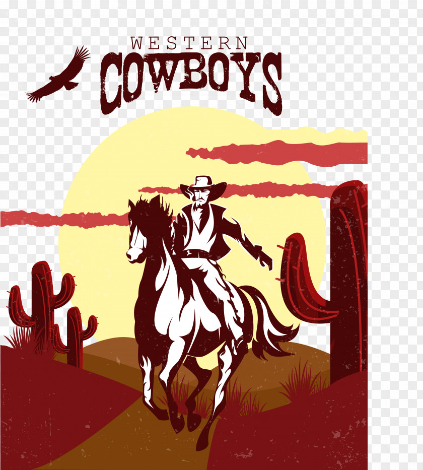 Horseback Riding In The Desert Cowboy Western American Frontier Illustration PNG