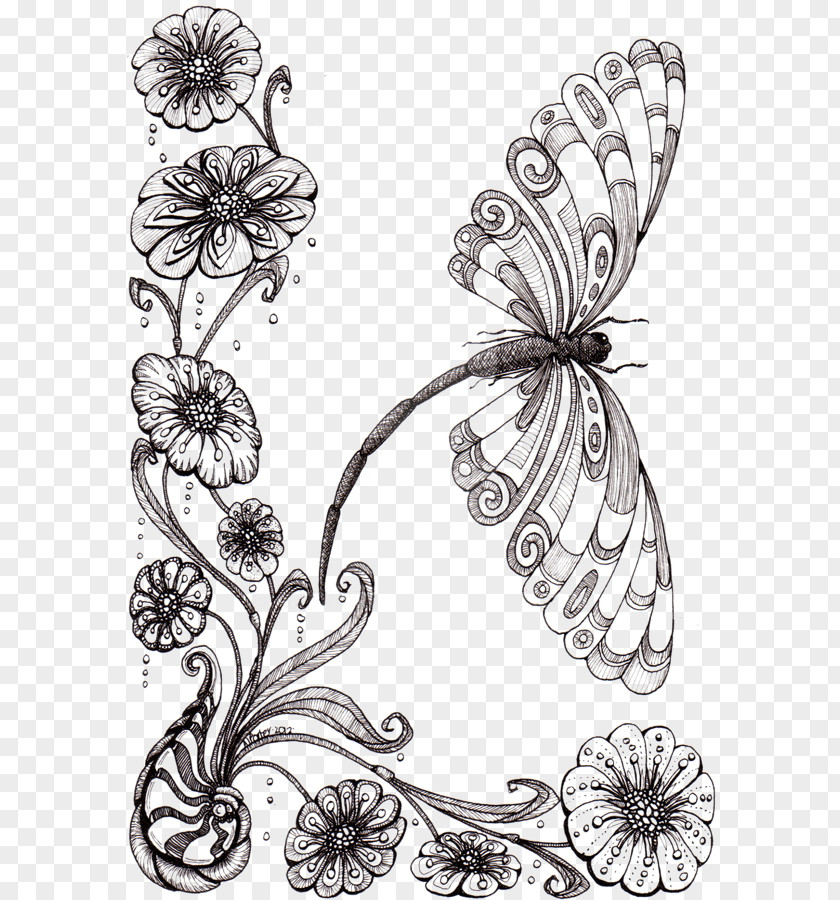 Dragonflies And Flowers Drawing Flower Pencil Sketch PNG